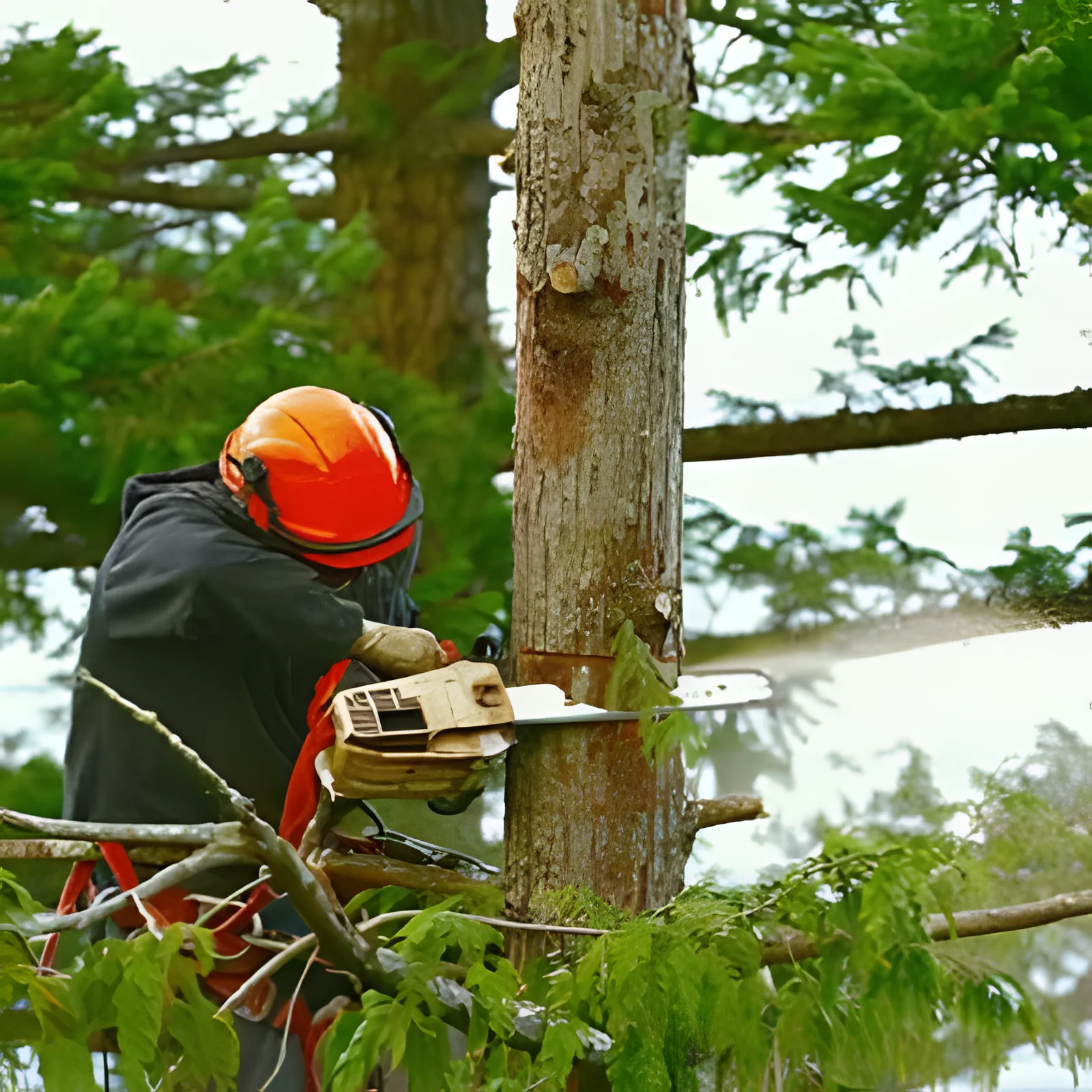Tree cutting with a chainsaw by a worker in an orange helmet.