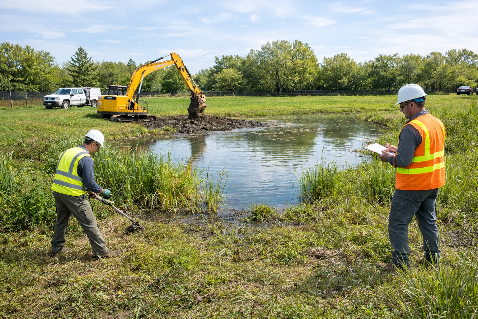 Construction workers monitoring excavation site near water.