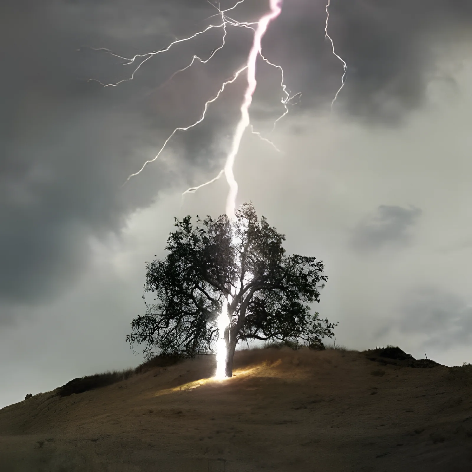 Lightning striking a solitary tree on hilltop